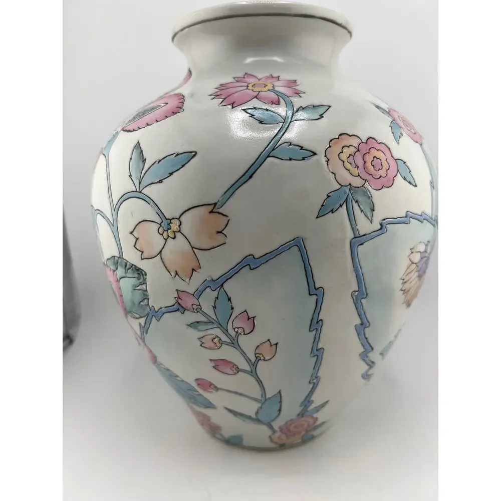 Vintage Chinoiserie‎ Floral Vase Vintage 90s Pink Blue Bold Flowers